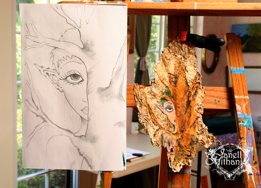 Bark painting and sketch on easel