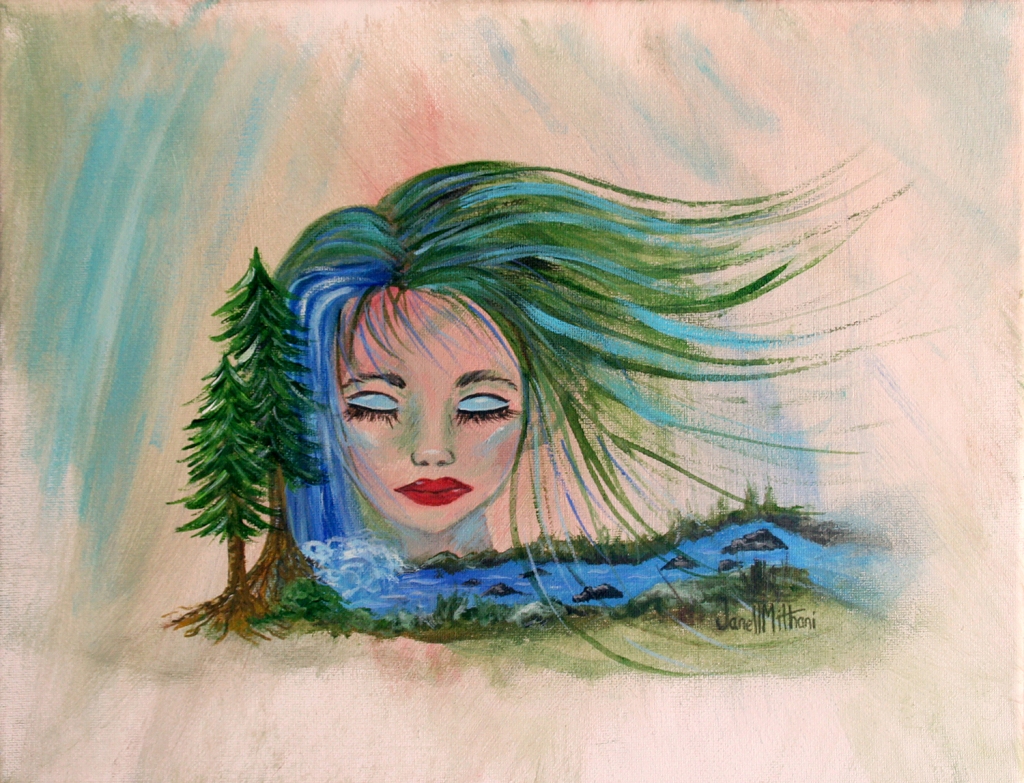surreal painting of woman waterfall in her hair and river in forest