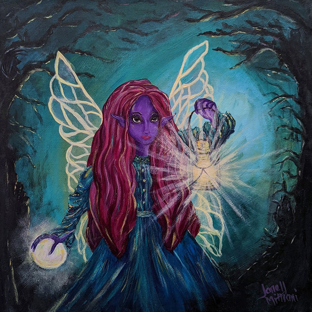 Painting of a fairy with red hair and glowing wings shining a lantern to light the way through the forest.
