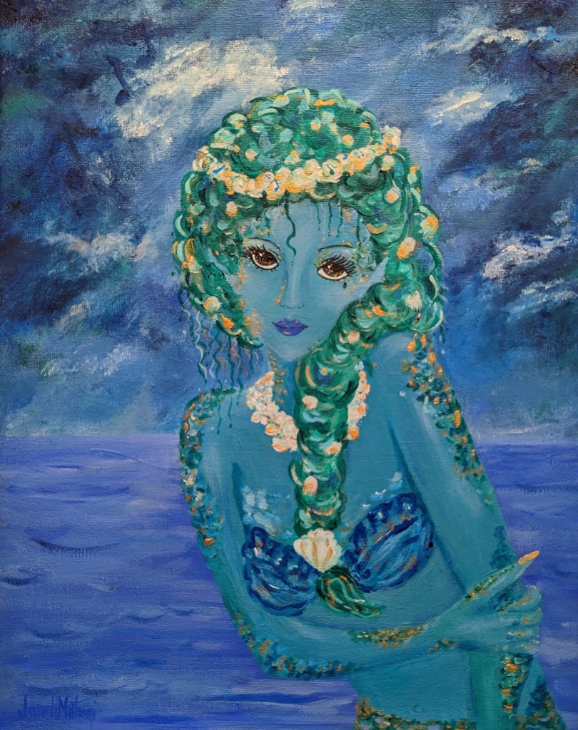 painting of a mermaid with turquoise braided hair and glod and turquise scales and a crown in her hair.